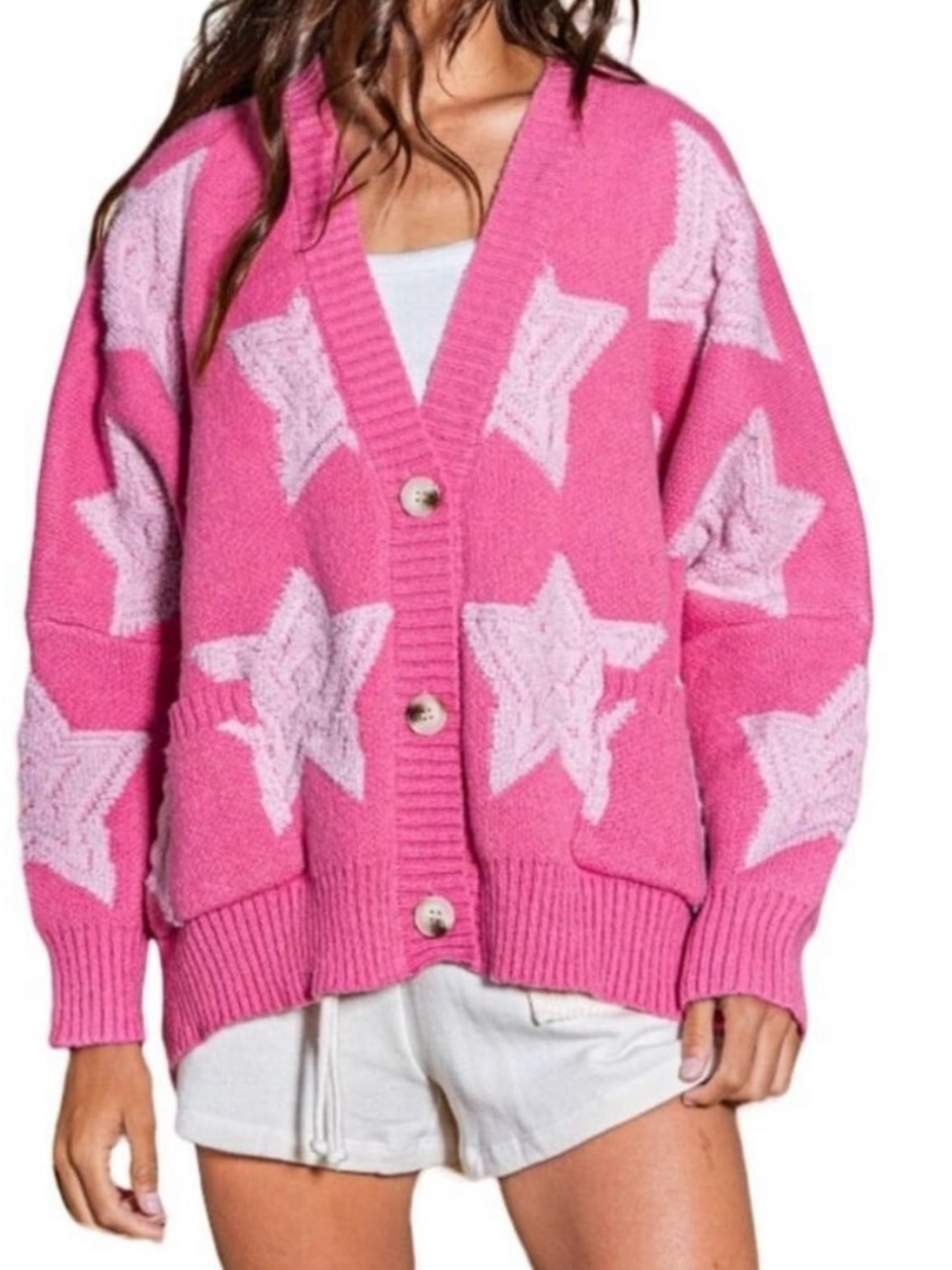 Pink Knit Cardigan V-Neck Button-Front Pockets oversized w big white fuzzy ⭐️‘s